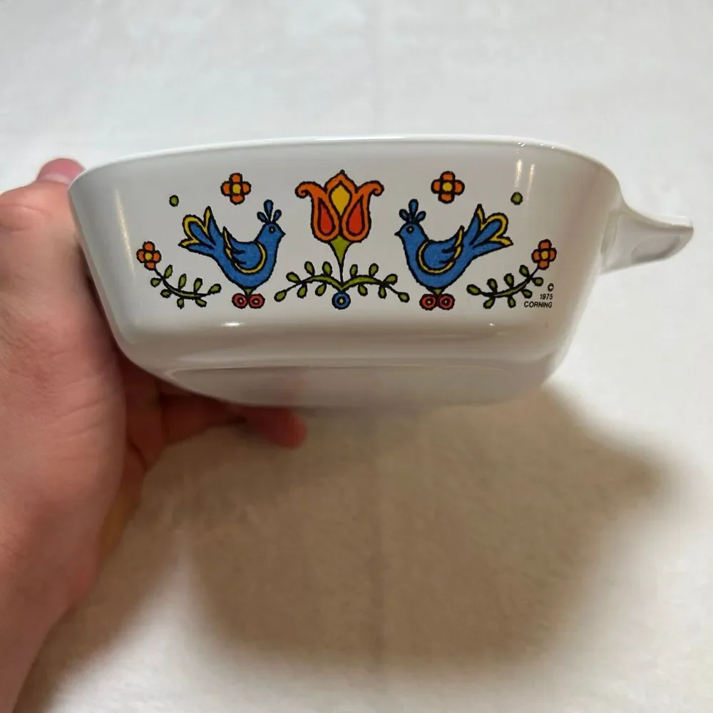 Vintage Corning country festival Casserole Dish 1975 Folk Art Baking Dish 5x5